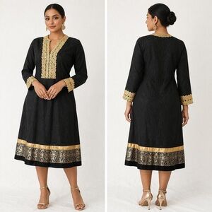Black & Gold Embroidered Net Anarkali Dress – Size XL